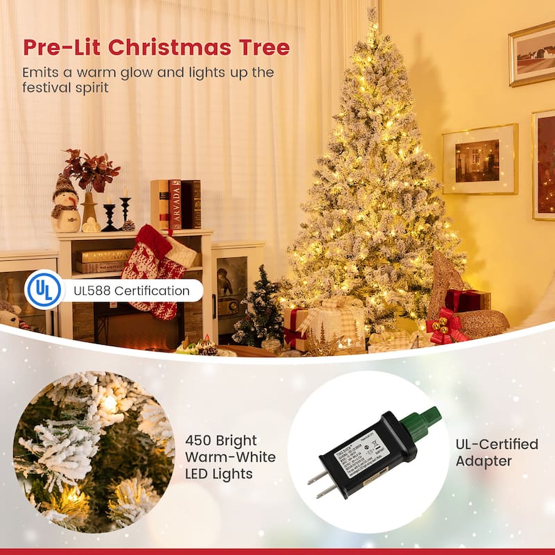 Gymax 6/7/8 FT Pre-Lit Snow-Flocked Xmas Tree 3-Minute-Setup