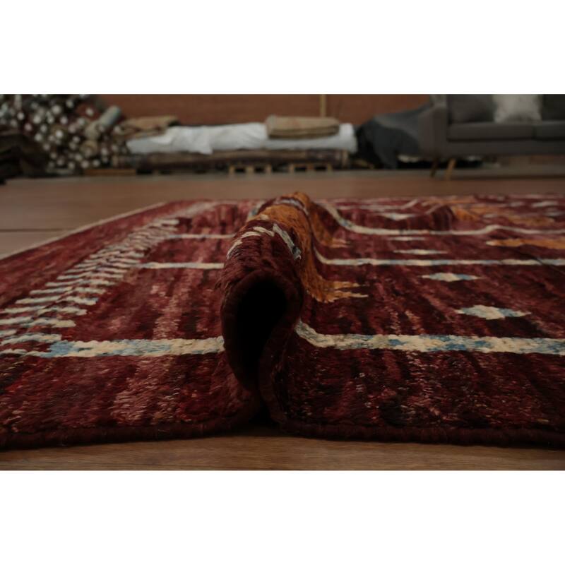 Hand Knotted Oriental 100% Wool Carpet Modern Tribal Red Moroccan Area Rug - 9' 9'' X 6' 8''