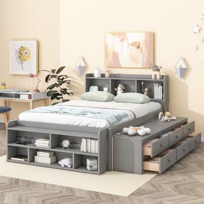 Full Size Bed with Bookcase Headboard, Under bed Storage Drawers and Bed End Storage Case