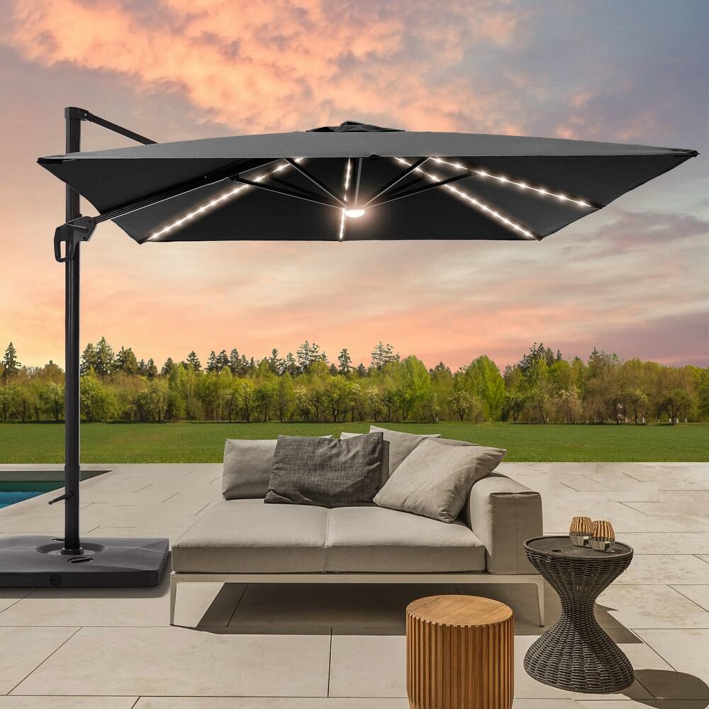 BONOSUKI 10x10FT LED Cantilever Patio Umbrella Angle Adjustment w/Base