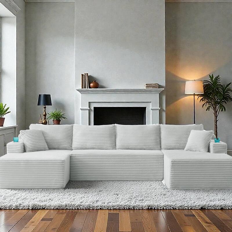 Compressible U-Shaped Modular Sectional Sofa, Corduroy Cloud Couch, 6-Seat Minimalist Living Room Sofa