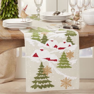 Embroidered Table Runner With Christmas Mountain Design