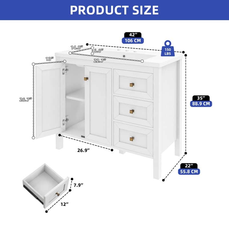 Moasis 36"/42" Bathroom Vanity Cabinet with Sink - 42 inch - White