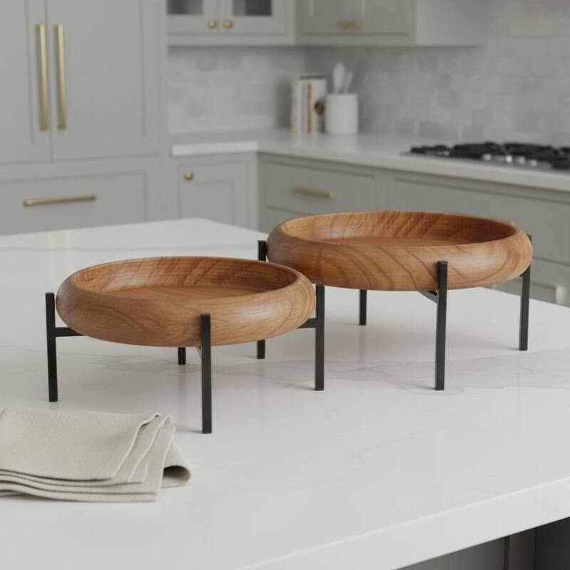 HomeRoots Set of Two Brown Solid Wood Handmade Round Serving Trays With Stands - 14.25 in. x 6.75 in. x 14.25 in. - Brown - 14.25 in. x 6.75 in. x 14.25 in.