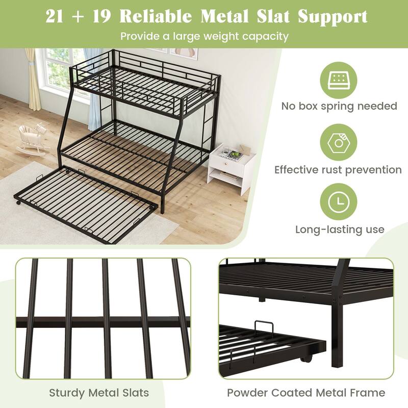 Costway Twin Over Full Metal Slats Bunk Bed Frame with Trundle, Guard