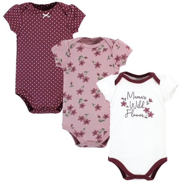 slide 1 of 1, Hudson Baby Infant Girl Cotton Bodysuits, Plum Wildflower 0-3 Months - Plum Wildflower 3 Pack