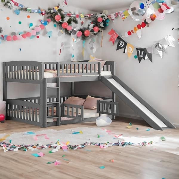 slide 2 of 17, Full Over Full Low Bunk Bed with Fence and Ladder for Toddler Kids Teens Grey