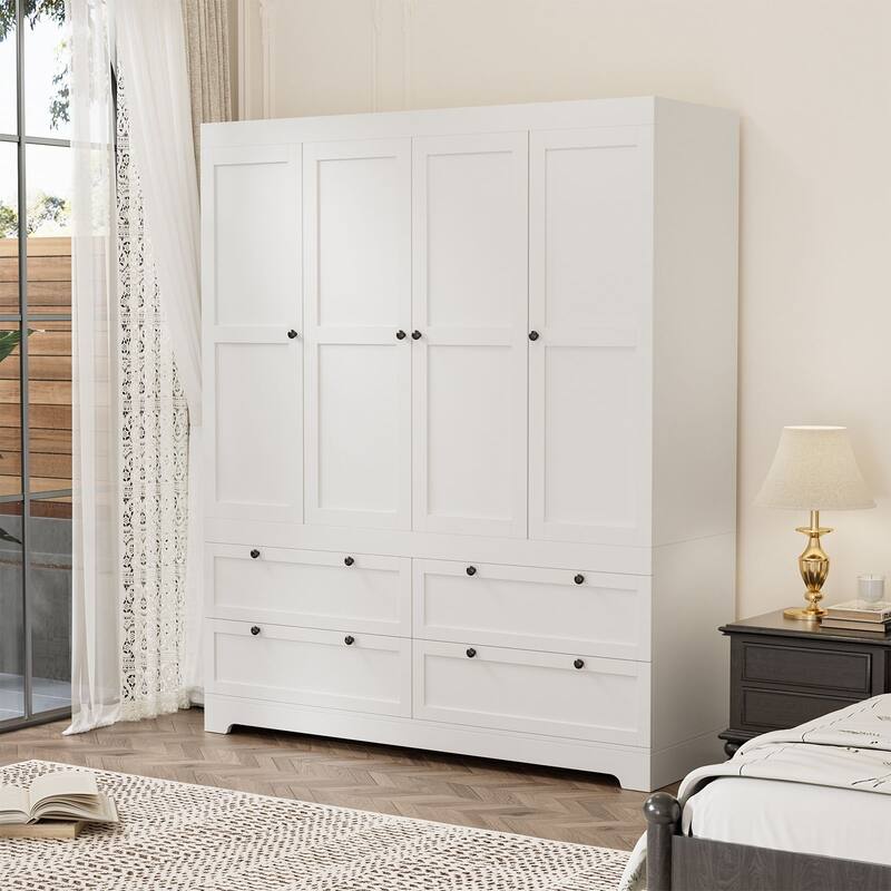 Meyreso White Modular Wardrobe Closet with Drawers, Convertible Stacking Armoire - N/A - 4 Doors + 4 Drawers (2 Shelves)