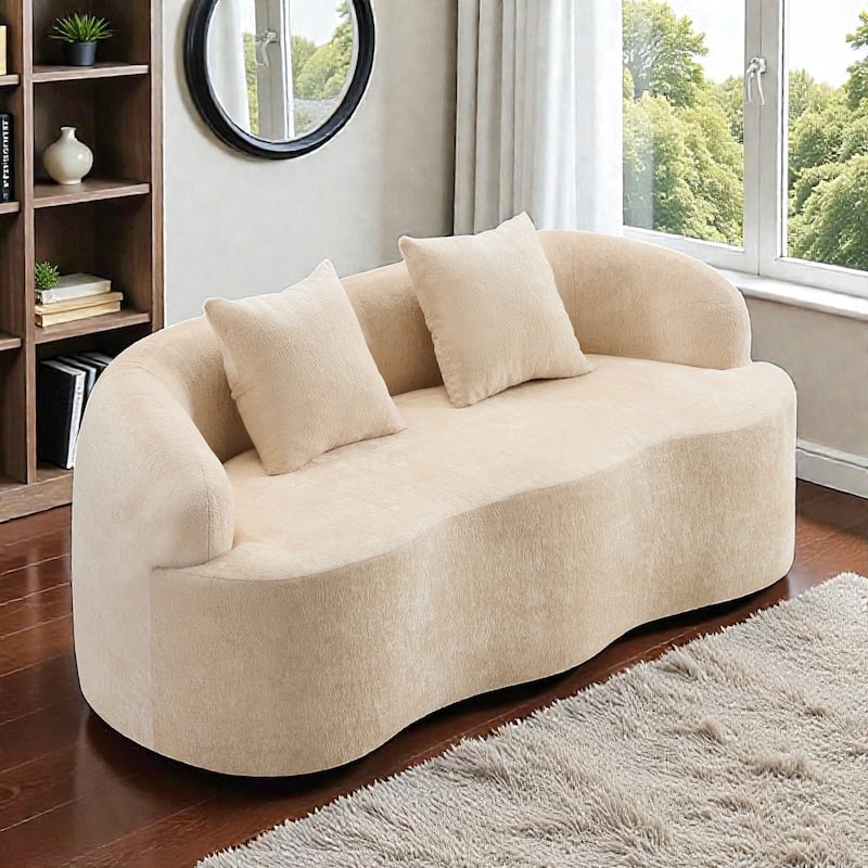 Curved Loveseat Sofa with Round Armrests, Compression Couch with 2 Pillows, Cream No Assembly Sofa