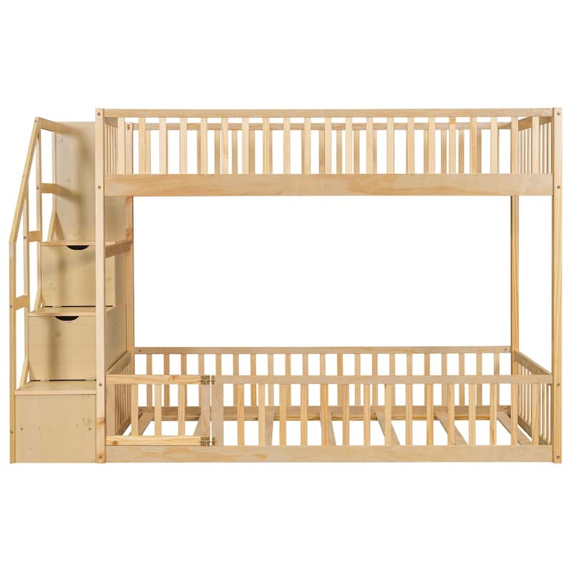 Twin Over Twin Floor Bunk Bed Frame with Storage Stairs and Door