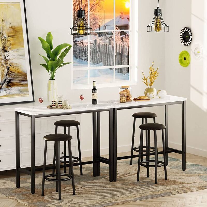 3 Piece Kitchen Pub Dining Set, Modern Faux Marble Counter Height Bistro Bar Table Set with 2 PU Leather Bar Stools
