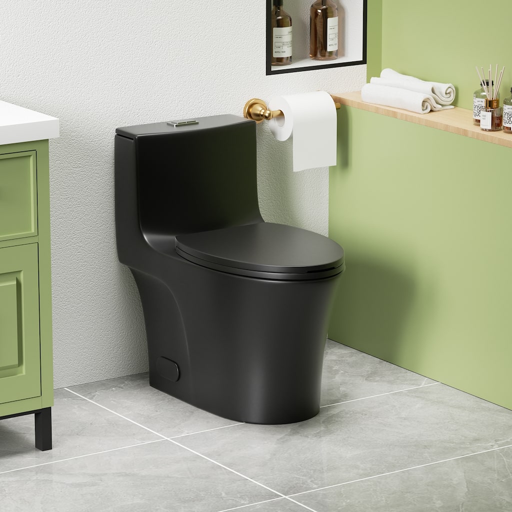 1.1/1.6 GPF Tornado Flush One-Piece Toilet Elongated, Siphonic S-trap 12",Soft Closing Seat, Button on Tank top - Matte Black