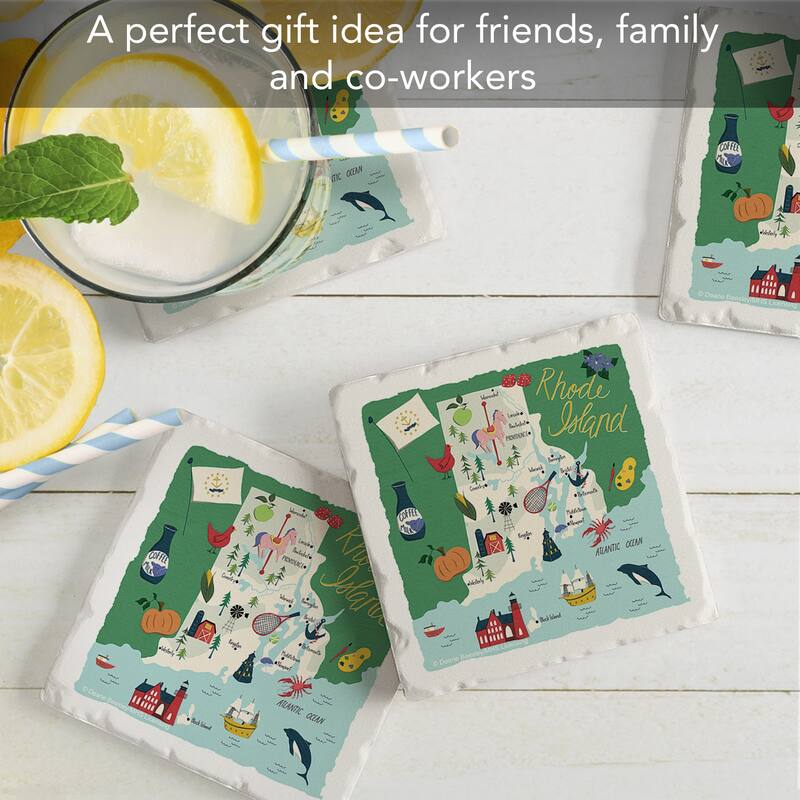 Rhode Island 4-Pack Absorbent Stone Coasters with Protective Cork Backing 4" Square Made in The USA Artistic Easily Wipes Clean