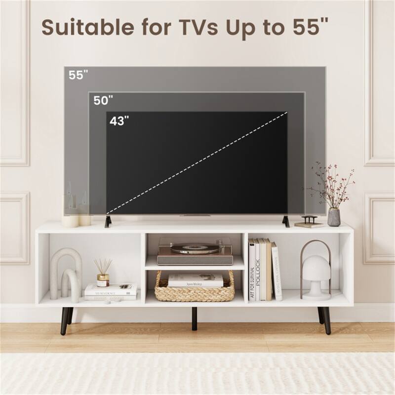 Modern White and Black TV Stand with Side Compartments and Middle Shelf Storage Console for TVs up to 55 Inches