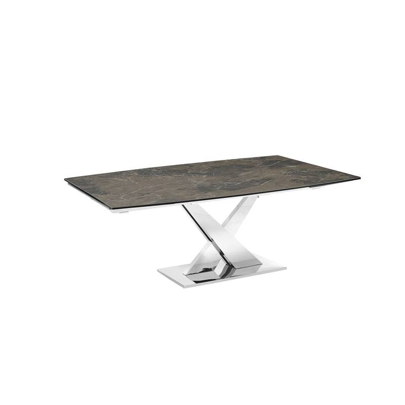 X Base Manual Dining Table with Stainless Base and Clear Top