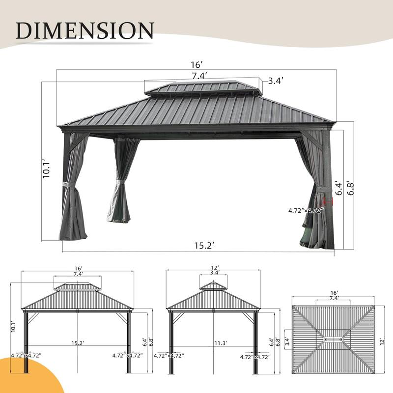12' X 16' Outdoor Metal Hardtop Gazebo with Double Roof, Aluminum Frame, Curtains, and Netting for Patio, Deck, Garden, Grey