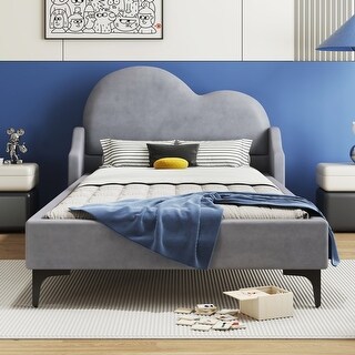 Pine Wooden Twin Size Platform Bed Frame with Cloud-shaped Headboard, Upholstered Bed with Support Legs, Gray