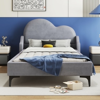 Twin Size Upholstered Platform Bed with Cloud-Shaped Headboard, Beige - Sturdy & Comfortable Design