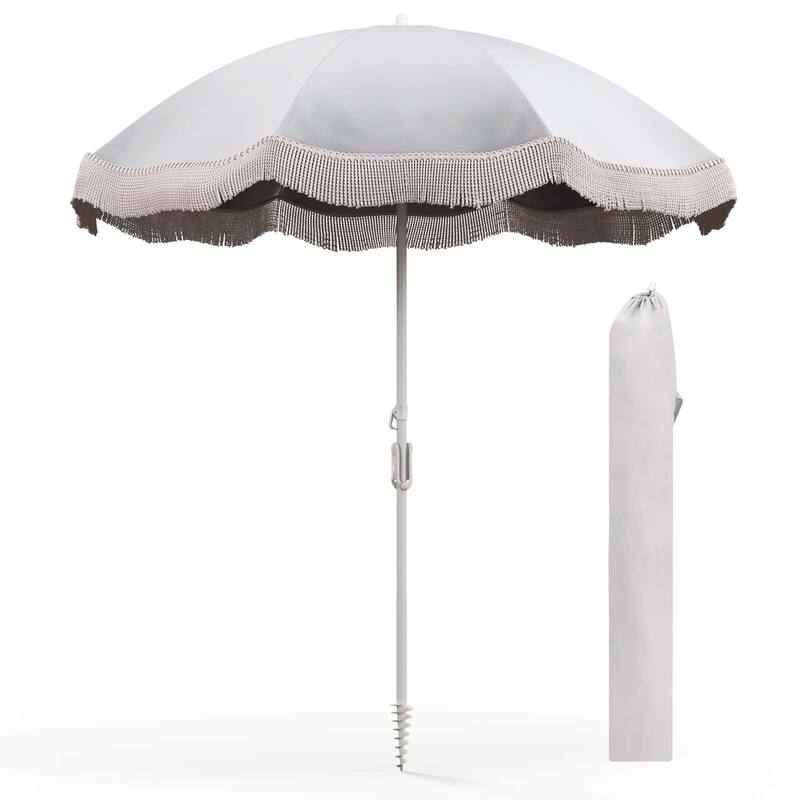 6.5 FT Outdoor Fringe Patio Umbrella w/ Carrying Bag & Push Button - White