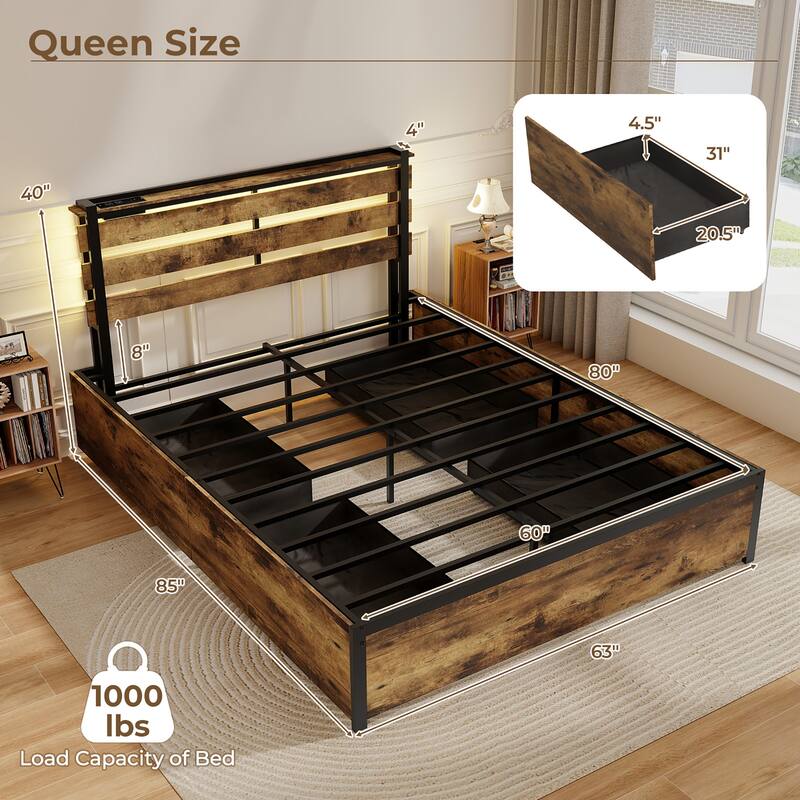 Gymax Queen Size Bed Frame w/ Drawers LED Lights Outlets & USB Ports