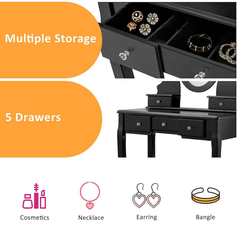 Gymax Vanity Jewelry Wooden Makeup Dressing Table Set W/Stool Mirror &