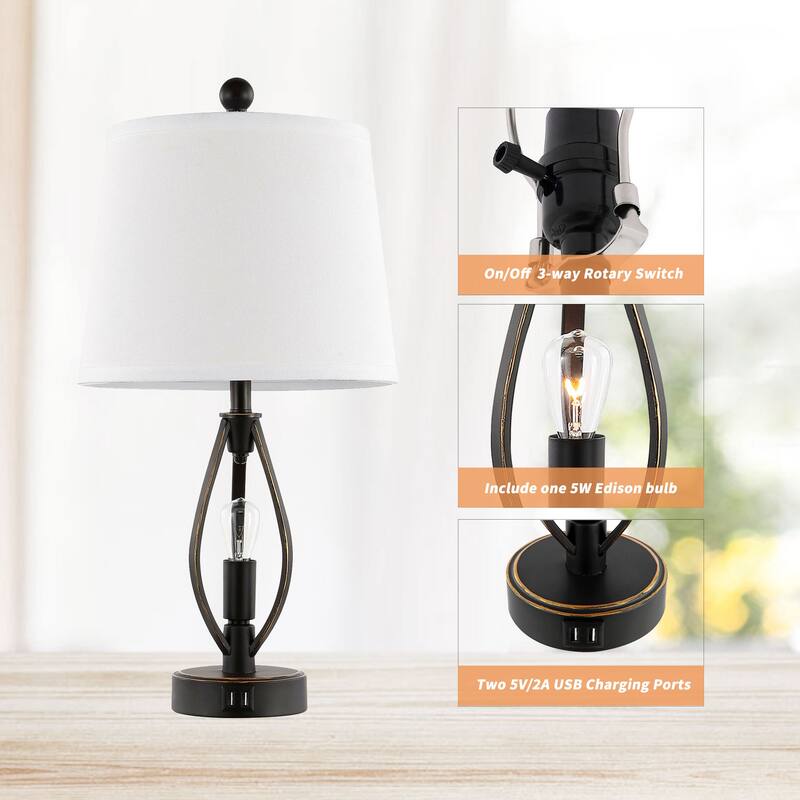GetLedel 22-in Modern Farmhouse Cage Table Lamp Set with USB Ports (Set of 2)