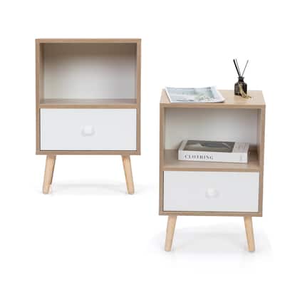 Mid-Century Wood Nightstand Set Of 2, Bed Sofa Side Table With Drawer And Shelf, Modern End Table Office