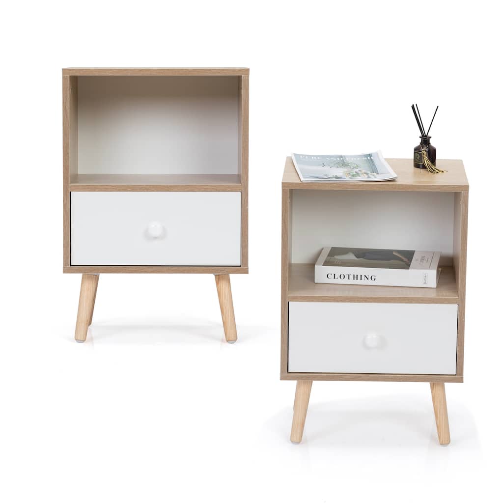 Mid-Century Wood Nightstand Set Of 2, Bed Sofa Side Table With Drawer And Shelf, Modern End Table Office