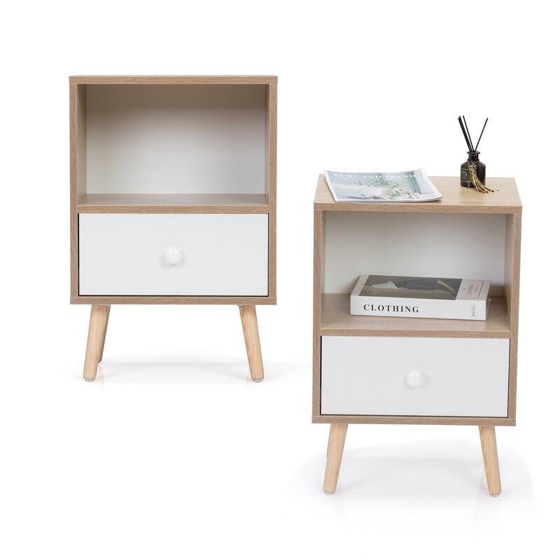 Mid-Century Wood Nightstand Set of 2 with Drawer and Shelf, Modern Side Table - Natural+White