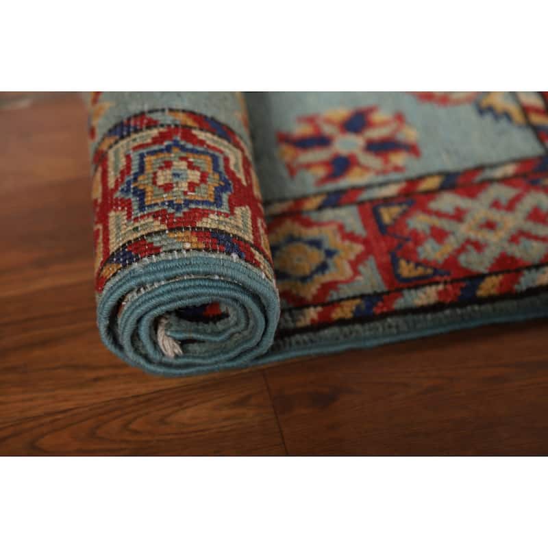 Light Blue Geometric Kazak Oriental Foyer Rug Hand-Knotted Wool Carpet - 2'0" x 3'0"