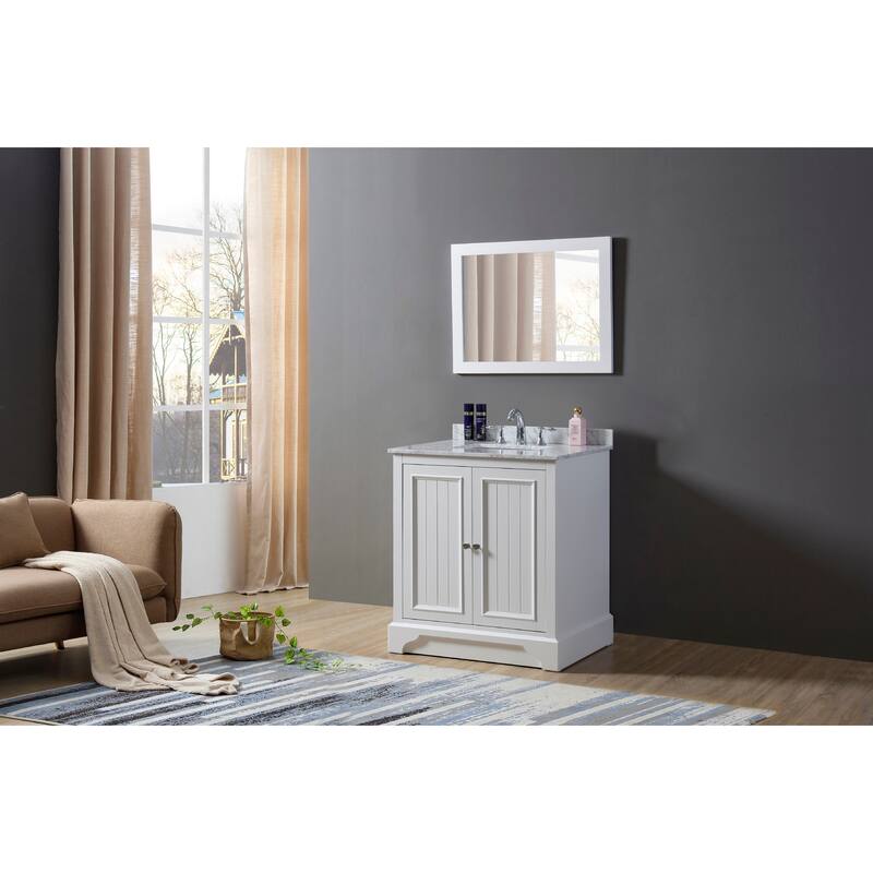 Kingswood 32 in. Vanity in White with White Carrara Marble Top and 1 large mirror