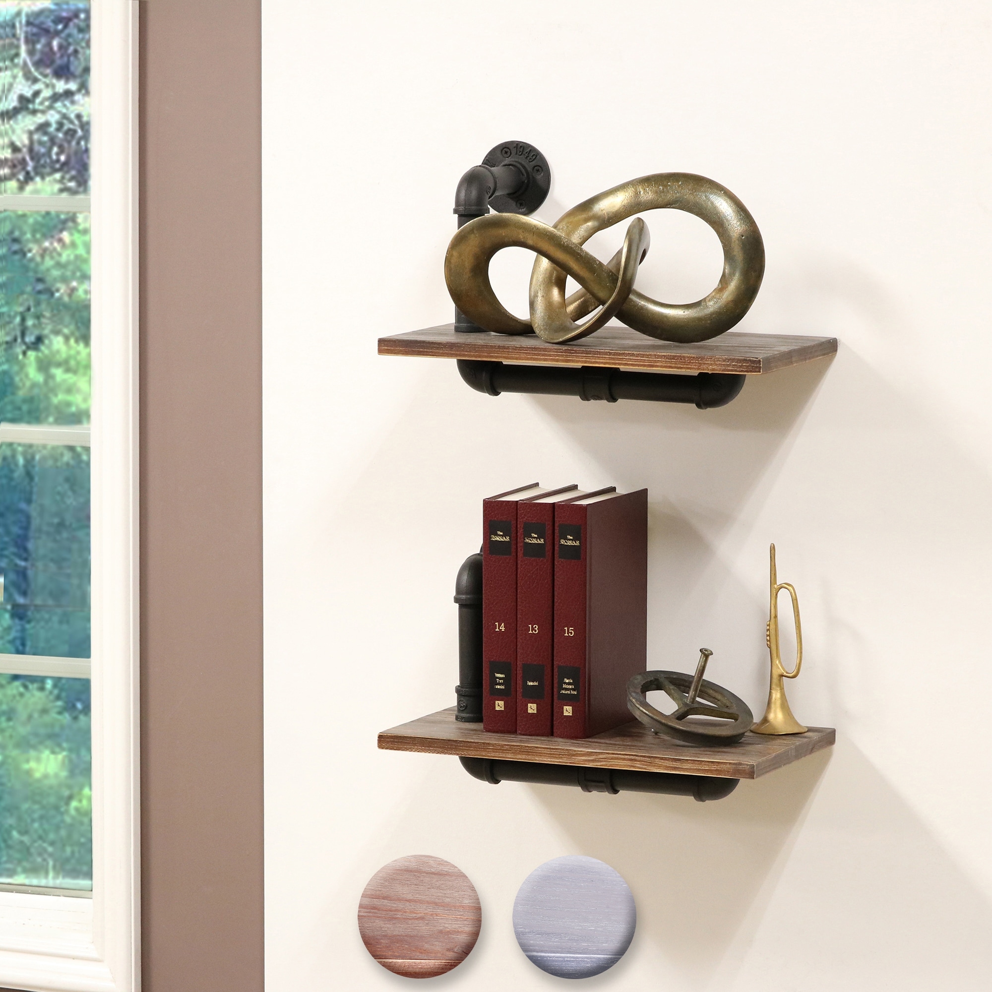 Paired Black Metal Pipe with Weathered Brown Stained Wood Wall Shelves