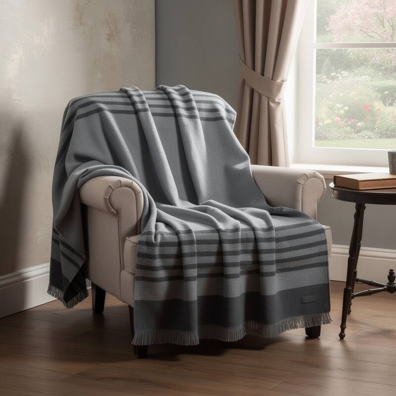 HomeRoots 54" X 74" Charcoal Striped Wool Acrylic Blend Throw Blanket with Fringe - Throw - Charcoal