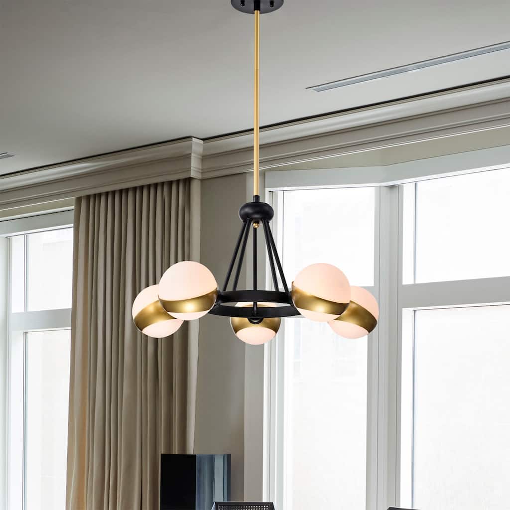 Melite 23 Inch Modern Wagon Wheel Sputnik Designed Ceiling Lighted Chandelier Matte Black and Satin Gold Finish 5-Light