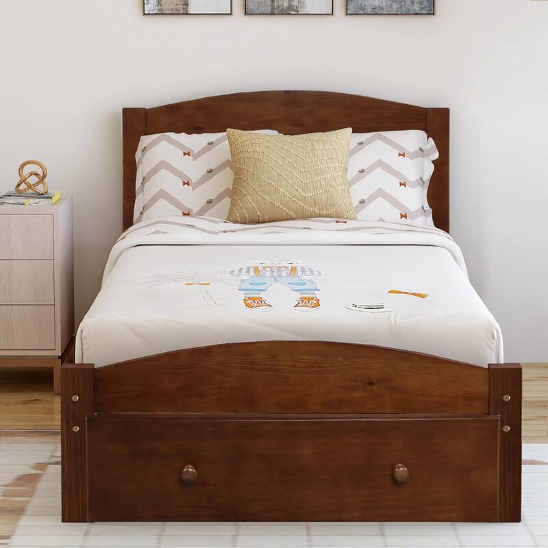 Twin Size Platform Bed with Storage Drawer and Slat Support - Classic Wood Frame