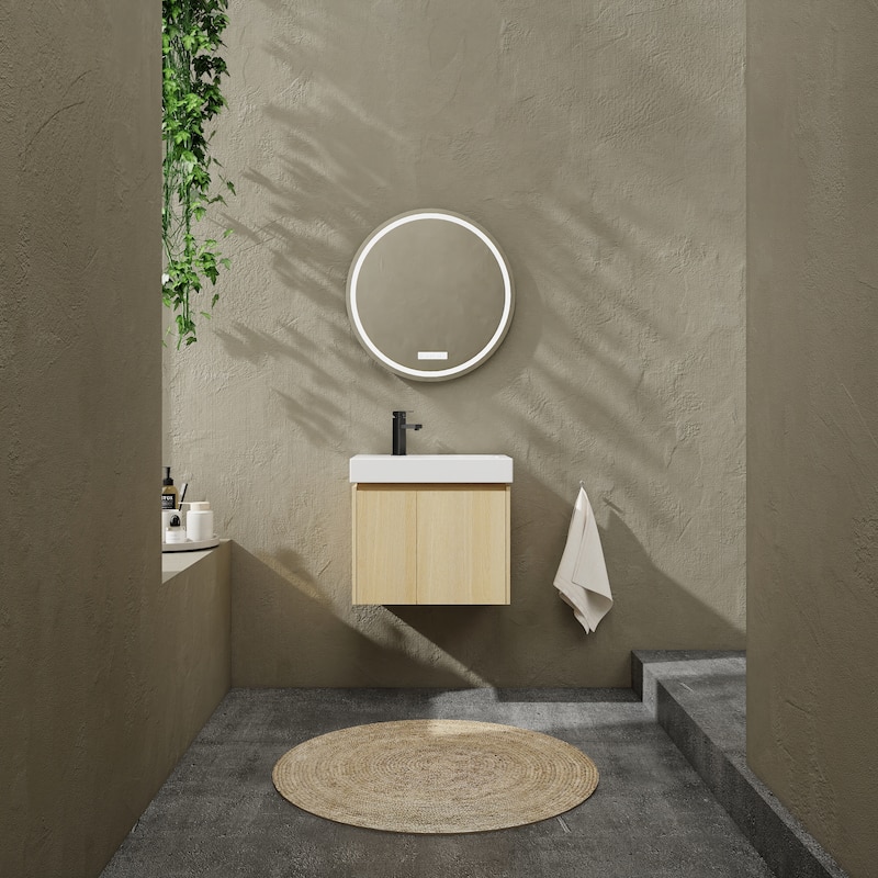 24 Inch Bathroom Vanity with Basin, Wall Mounted Floating Vanity Sink Combo, Wooden Storage Cabinet with Double Doors