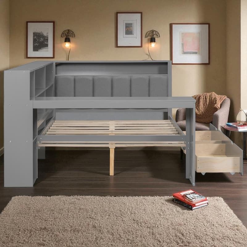 Twin/Full Size Platform Bed with Desk, Drawers, Shelves, Charging Station, LED Lights and Upholstered Headboard