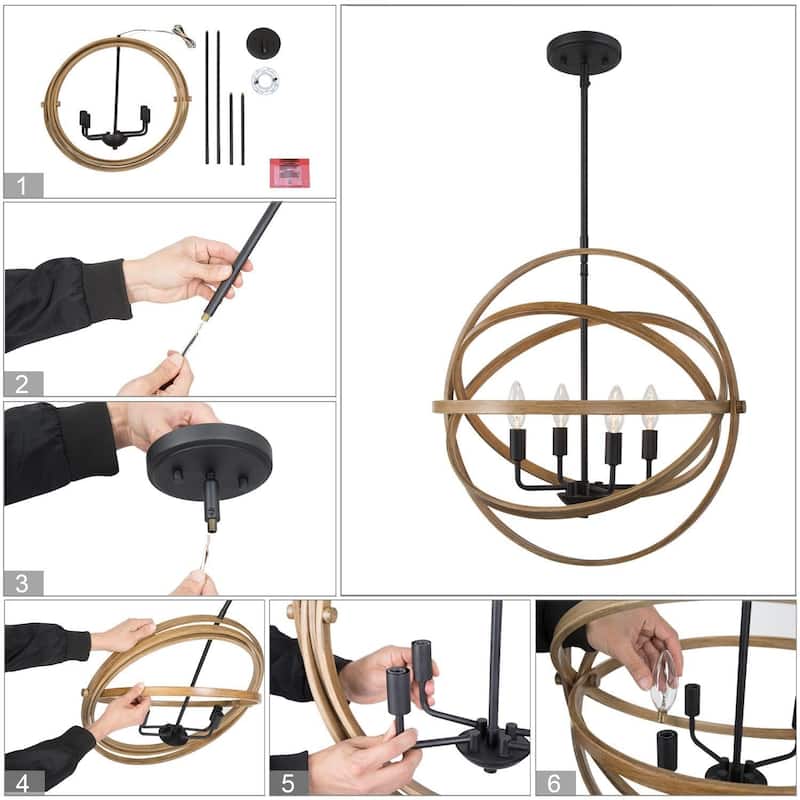 Modern Farmhouse 4-Light Globe Chandelier Wood Grain Pendant Light for Dining Room - D 21" x H 21"