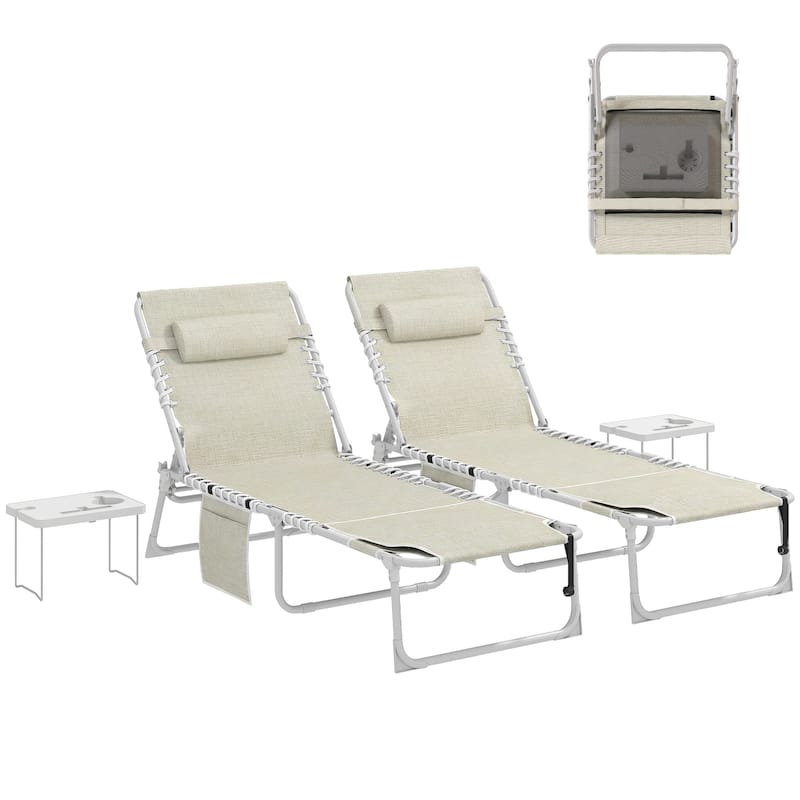Outsunny Tanning Chair Set of 2 with Face Hole, Side Table, 5-Position Reclining Folding Chaise Lounge Chair