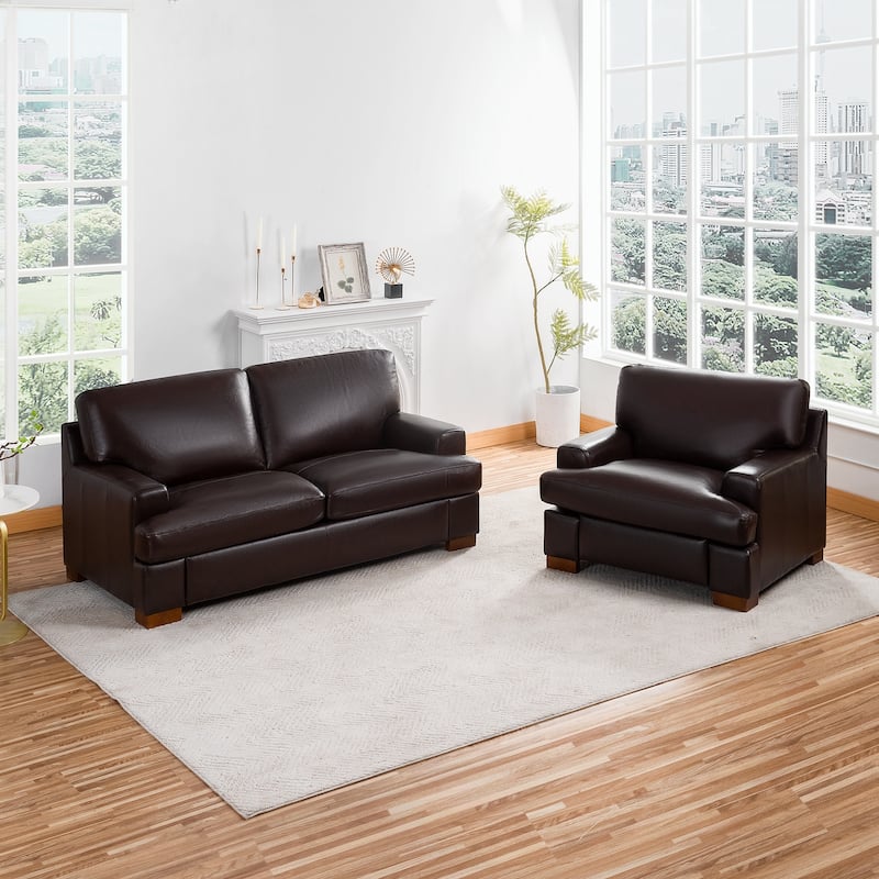 Genuine Leather Sofa Set - Chair, Loveseat & Sofa with Feather Cushions - Chair&Loveseat