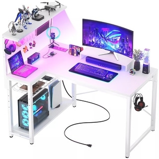 Gaming Desk Power Outlets Pegboard LED L-Shaped White
