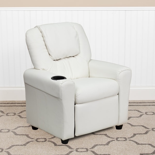slide 1 of 141, Contemporary Kids Recliner with Cup Holder and Headrest White Vinyl