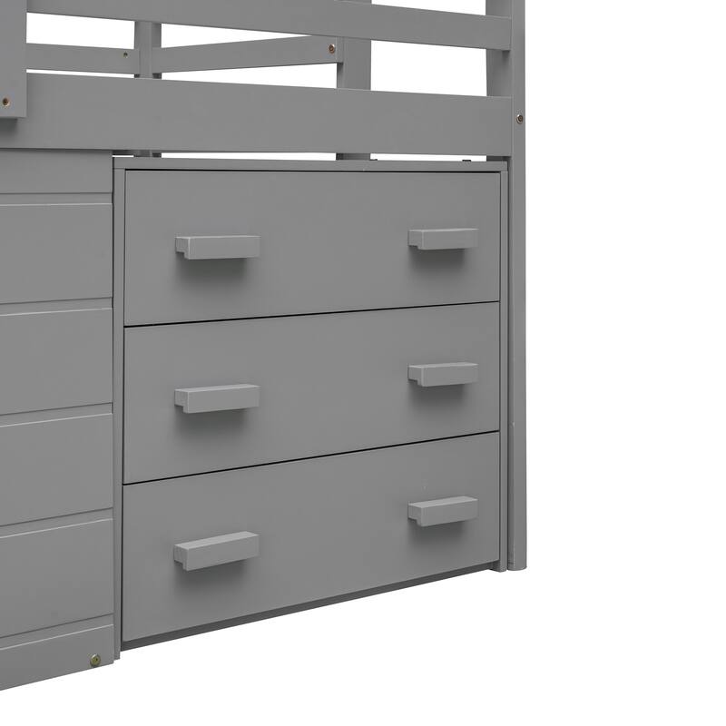 Compact Twin Loft Bed with Storage Cabinet and Shelf in Gray