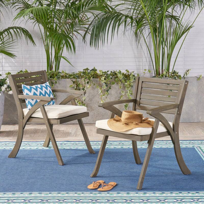 Roomfitters Helen Outdoor Acacia Wood Dining Chairs with Water Resistant Cushions, Slat Back, Grey, Set of 2