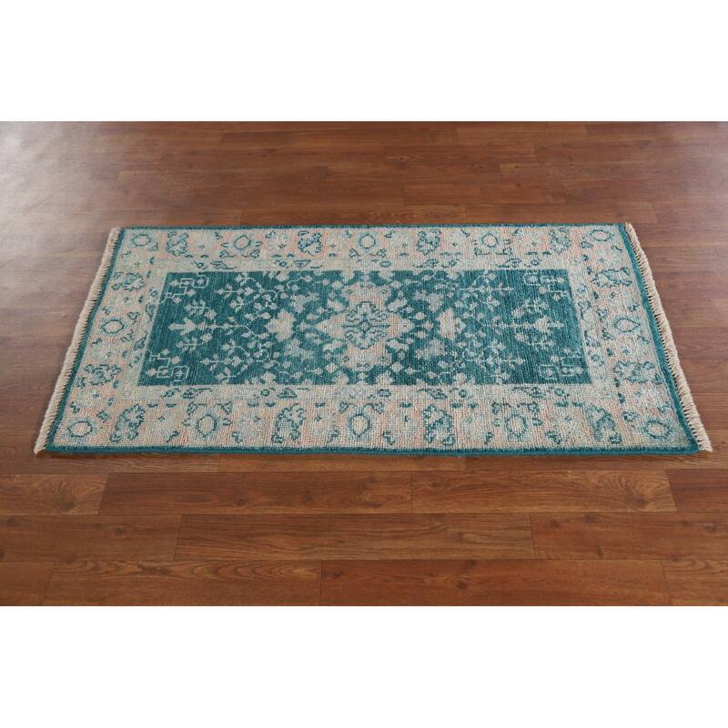 Vegetable Dye Green Oushak Turkish Area Rug Hand-Knotted Wool Carpet - 2'1"x 3'11"
