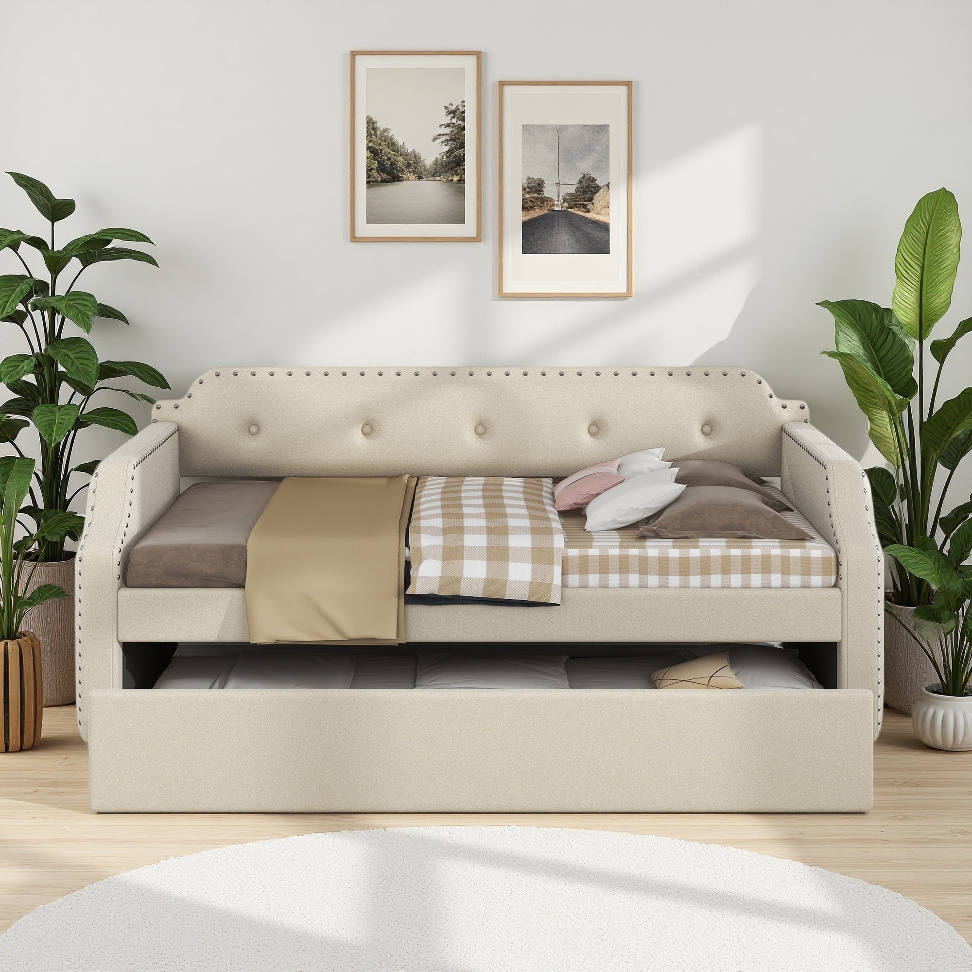 Twin Size Upholstered Daybed with Trundle, and Wood Slat Support