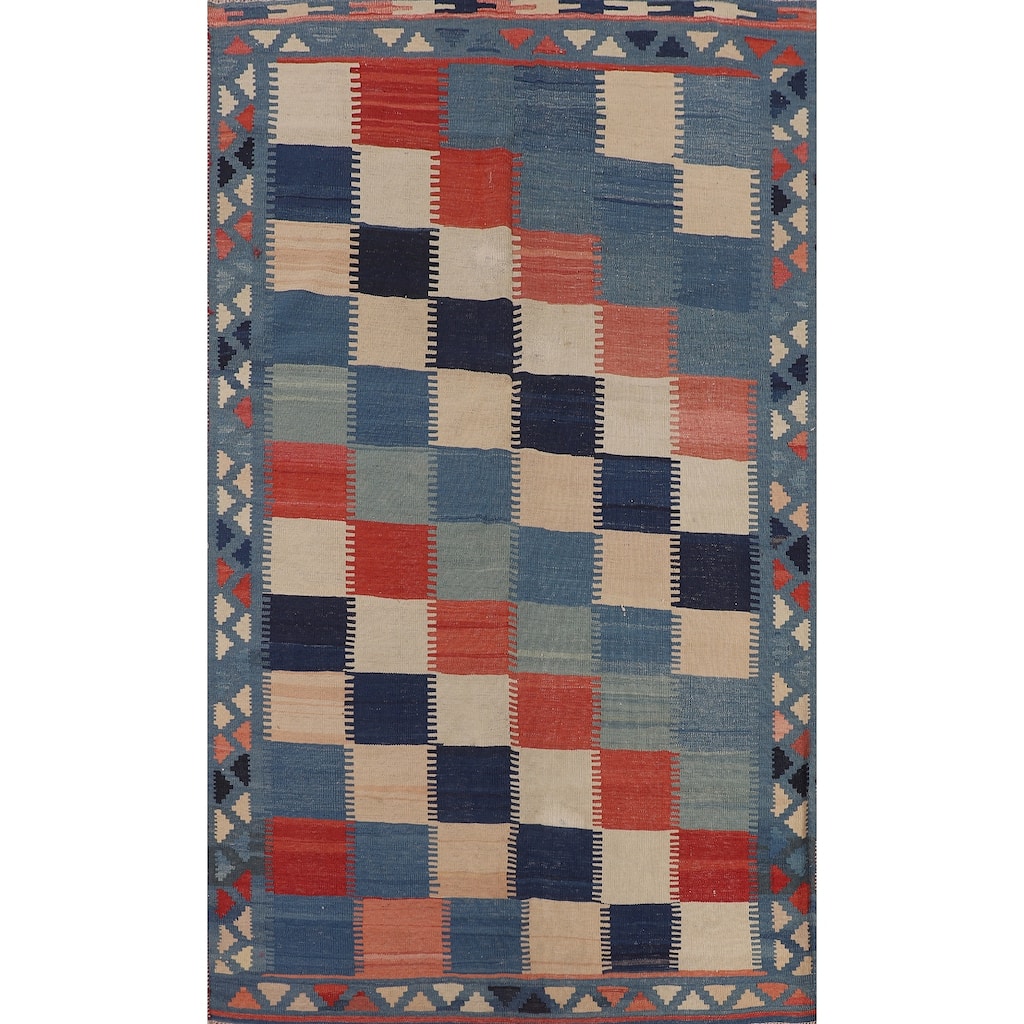 Checkered Kilim Qashqai Persian Vintage Rug Hand-Woven Wool Carpet - 4'10"x 7'10"