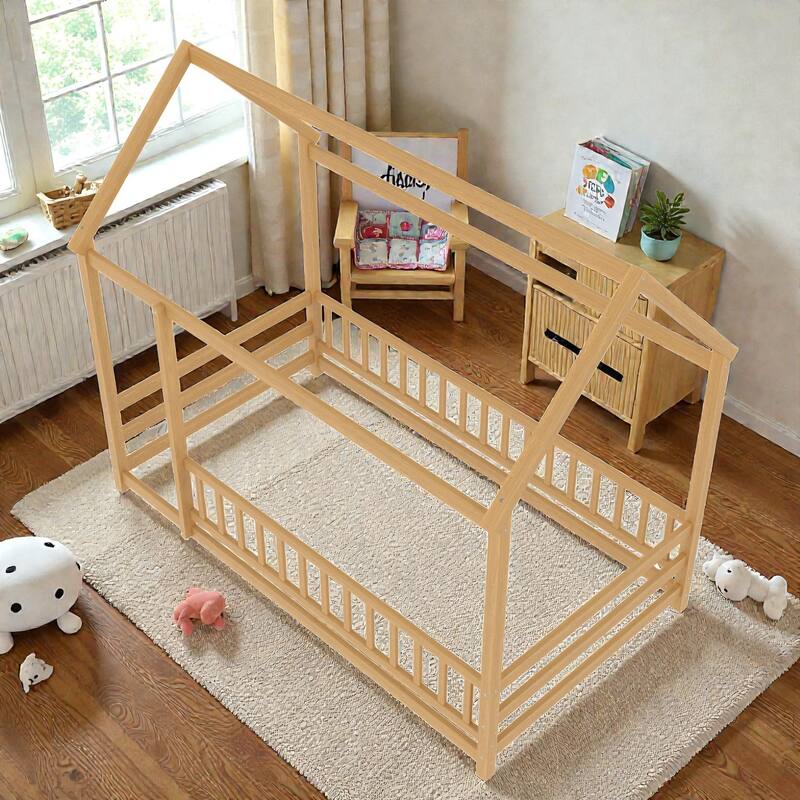 Wooden House Frame Floor Bed with Roof, Fence Guardrails, Pine Wood Kids Platform Bed for Bedroom