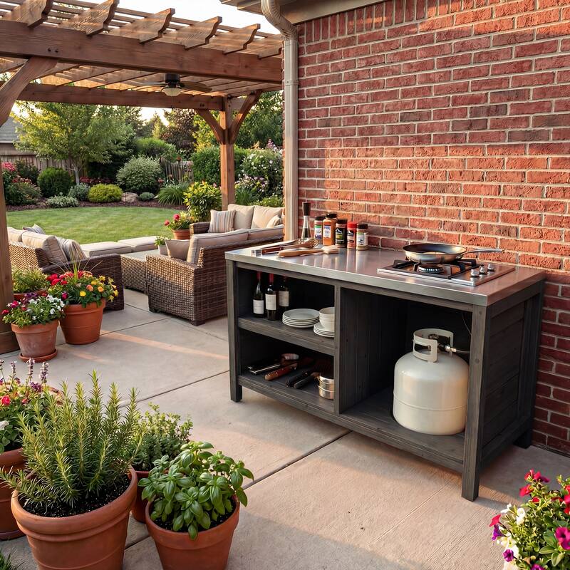 Modular Outdoor Kitchen Island Set, 100% Solid Wood BBQ Cabinet , Patio Kitchen Bar Table