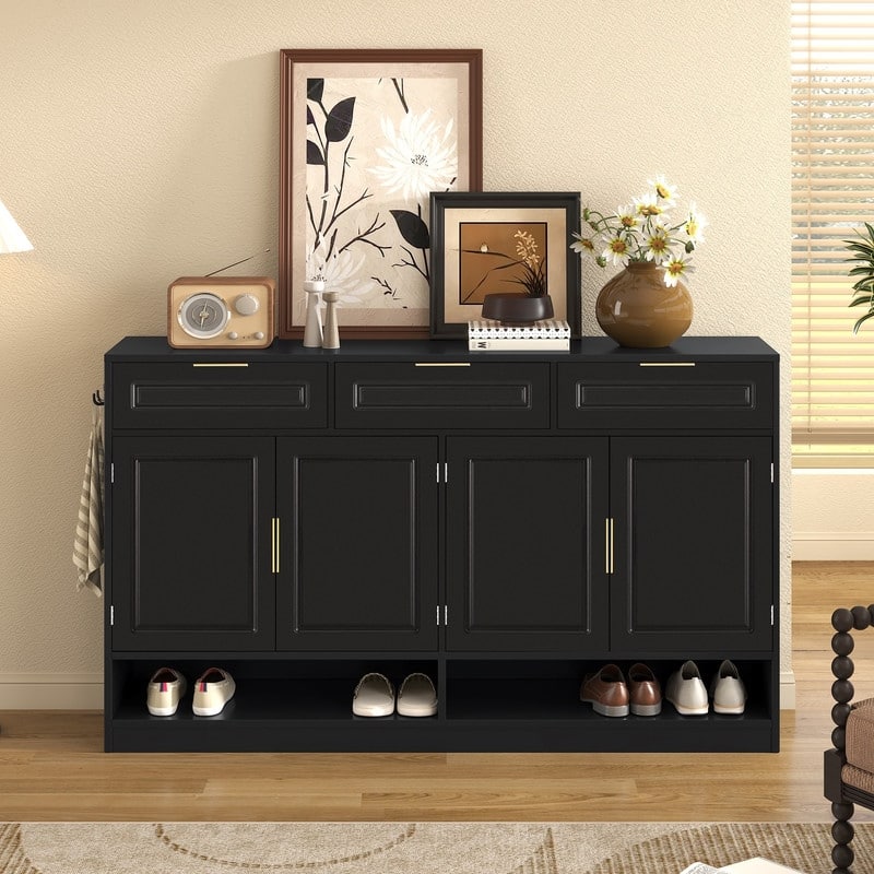 Farmhouse 59.1" Sideboard Cabinet with 3 Drawers and Open Shelf for Dining Room, Living Room, Entryway